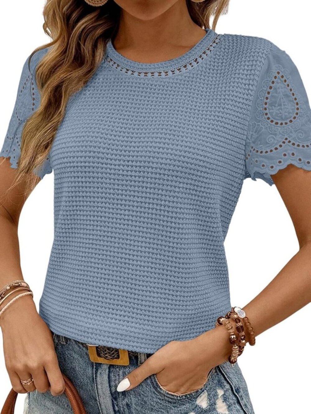 Casual Summer Tops for Women - Crewneck Short Sleeve Waffle Knit Blouse